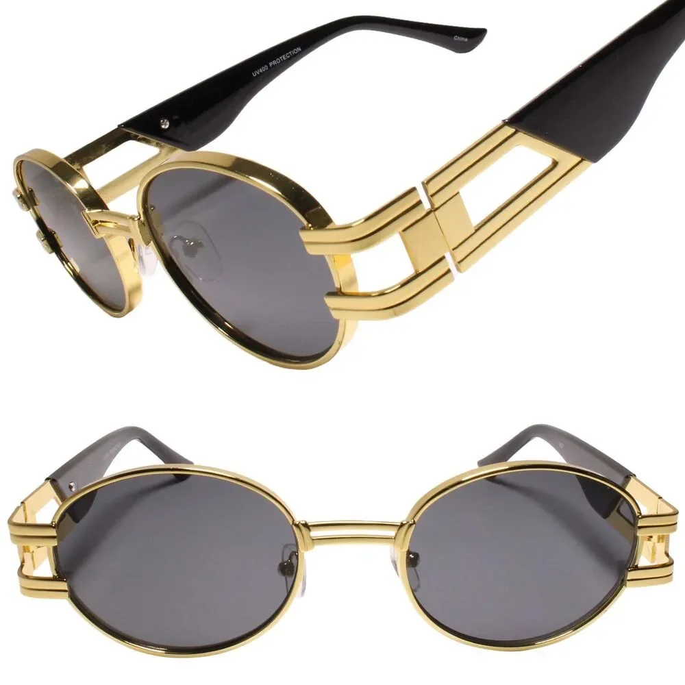 Look Rich Dope Hip Swag Metal Double Temple Accent Oval Round Gold Sunglasses